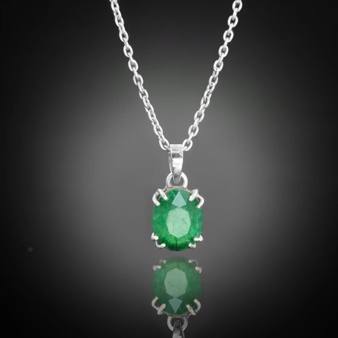 "Silver Necklace With Big Green Stone"